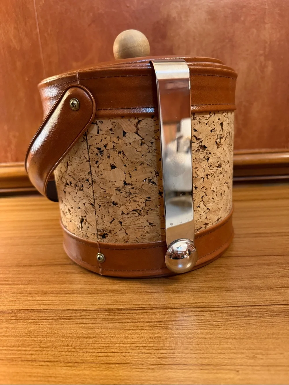 Vintage Mid Century Modern Cork Ice Bucket Faux Leather MCM Barware Tongs Set